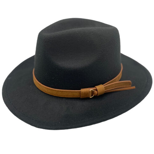 Black coloured fedora hat with lovely trim detail. Check out our range of millinery made feather pins to add to these hats to add that touch of class to these fedora hats.